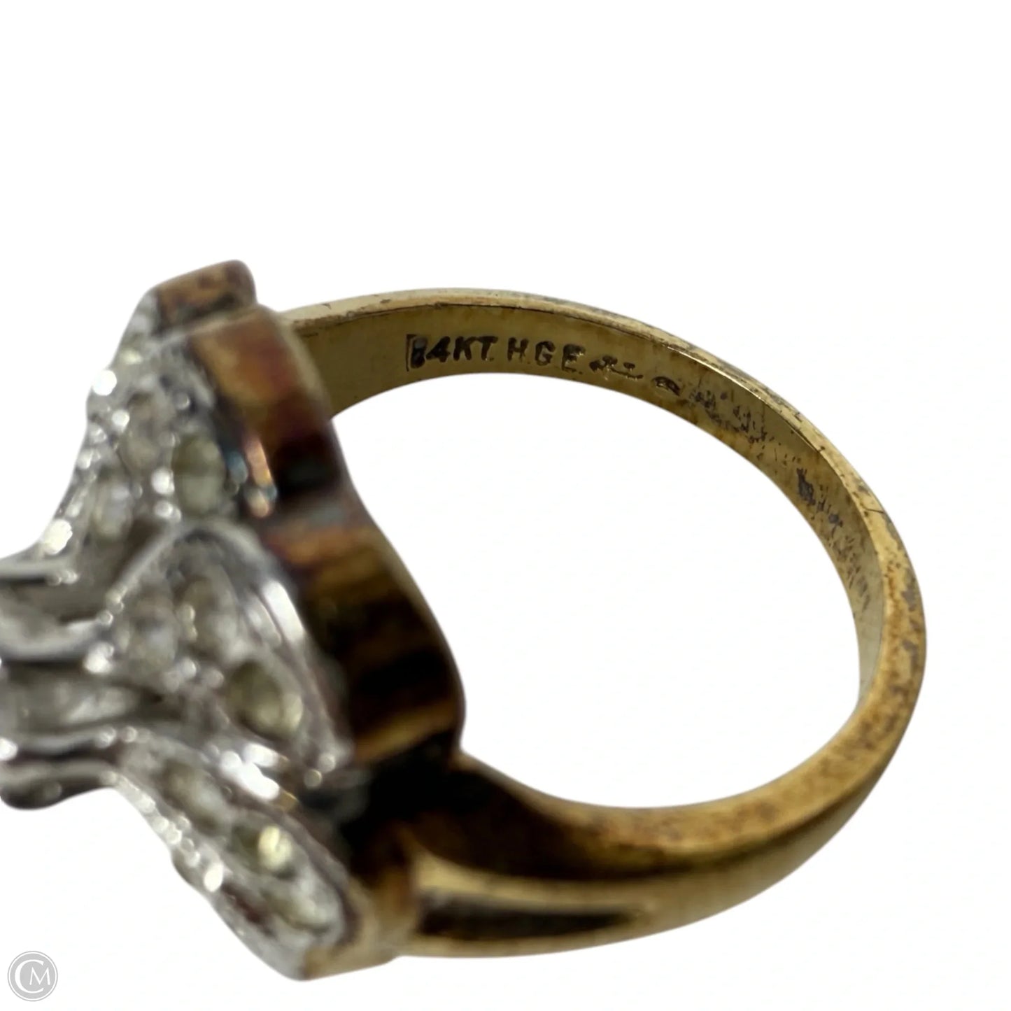 Vintage 14K Gold Electroplate (H.G.E.) Clear Stone Cluster Flower Cocktail Ring , Size: 7.5