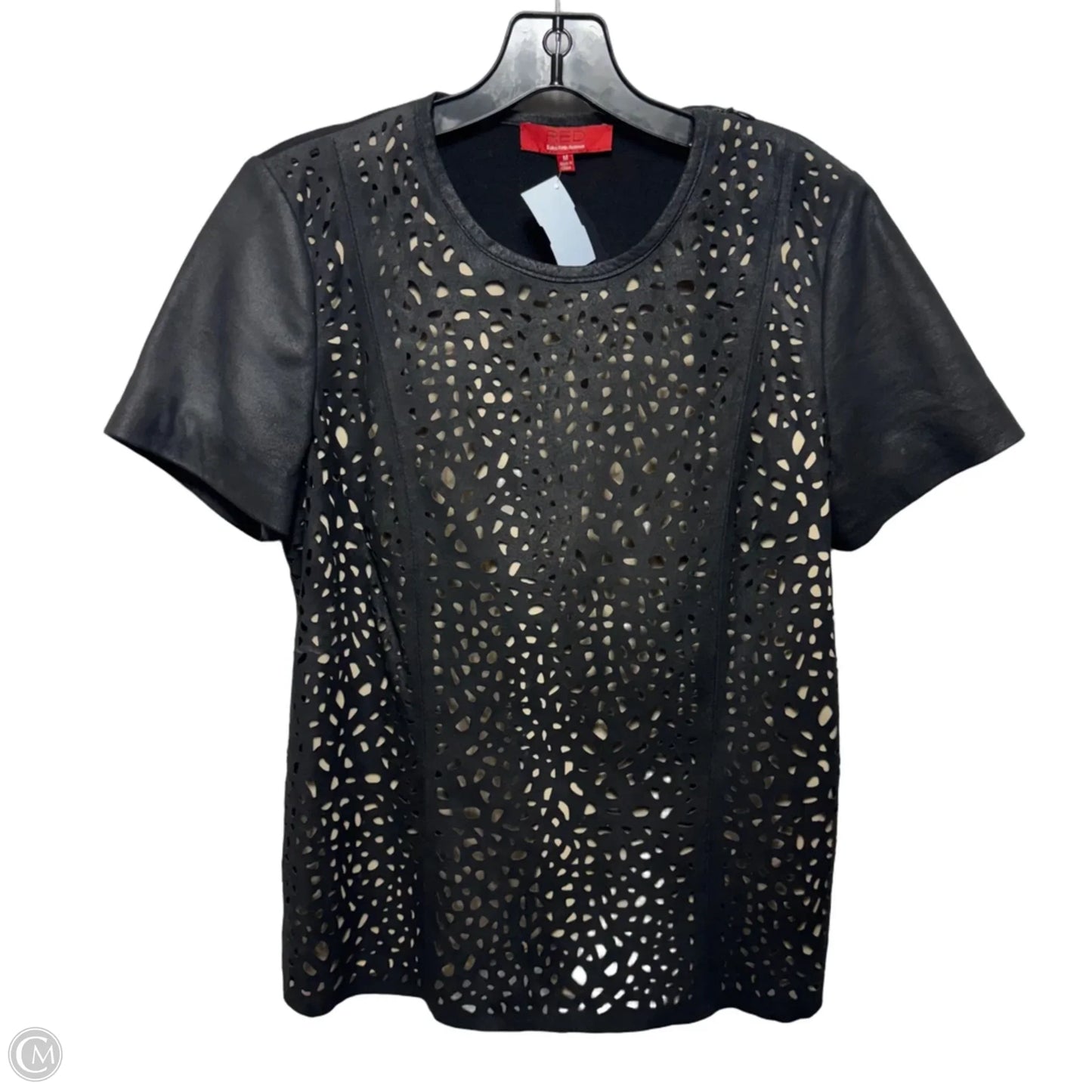 Laser Cut Leather Top Short Sleeve By Saks Fifth Avenue In Black, Size: S