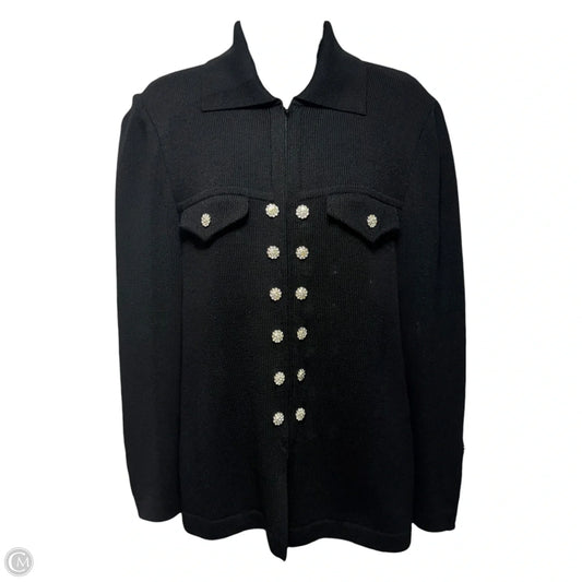 Zip Embellished Button Sweater Cardigan Luxury Designer By St John Collection In Black, Size: 2