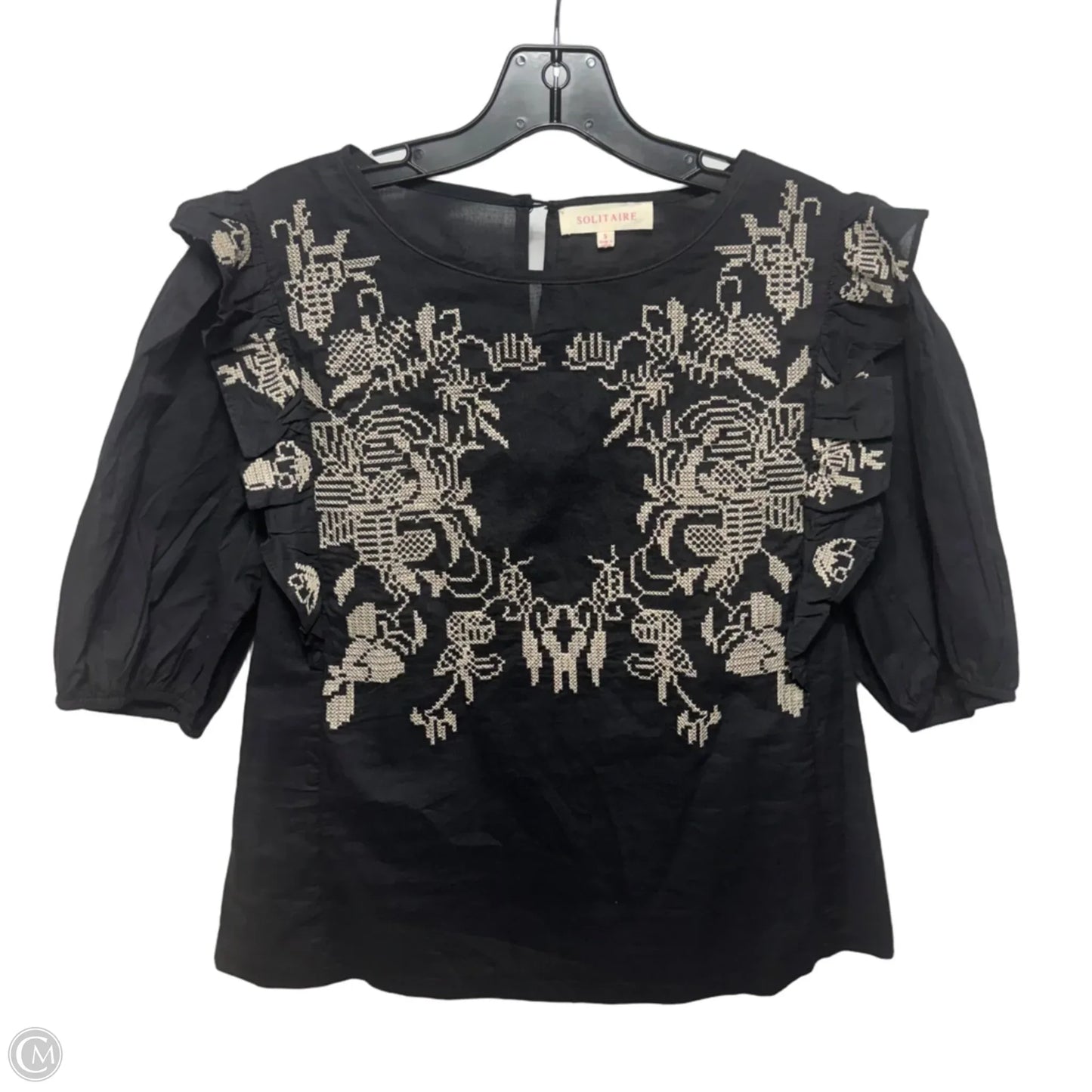 Cross Stitch Top Short Sleeve By Solitaire In Black & Cream, Size: Small