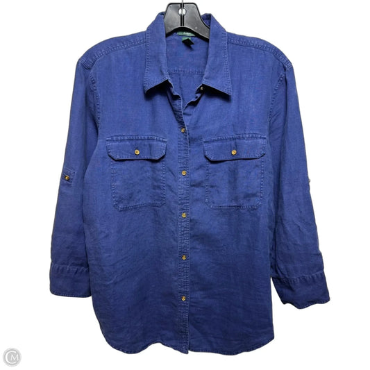 Linen Top Long Sleeve By Lauren By Ralph Lauren In Blue, Size: L