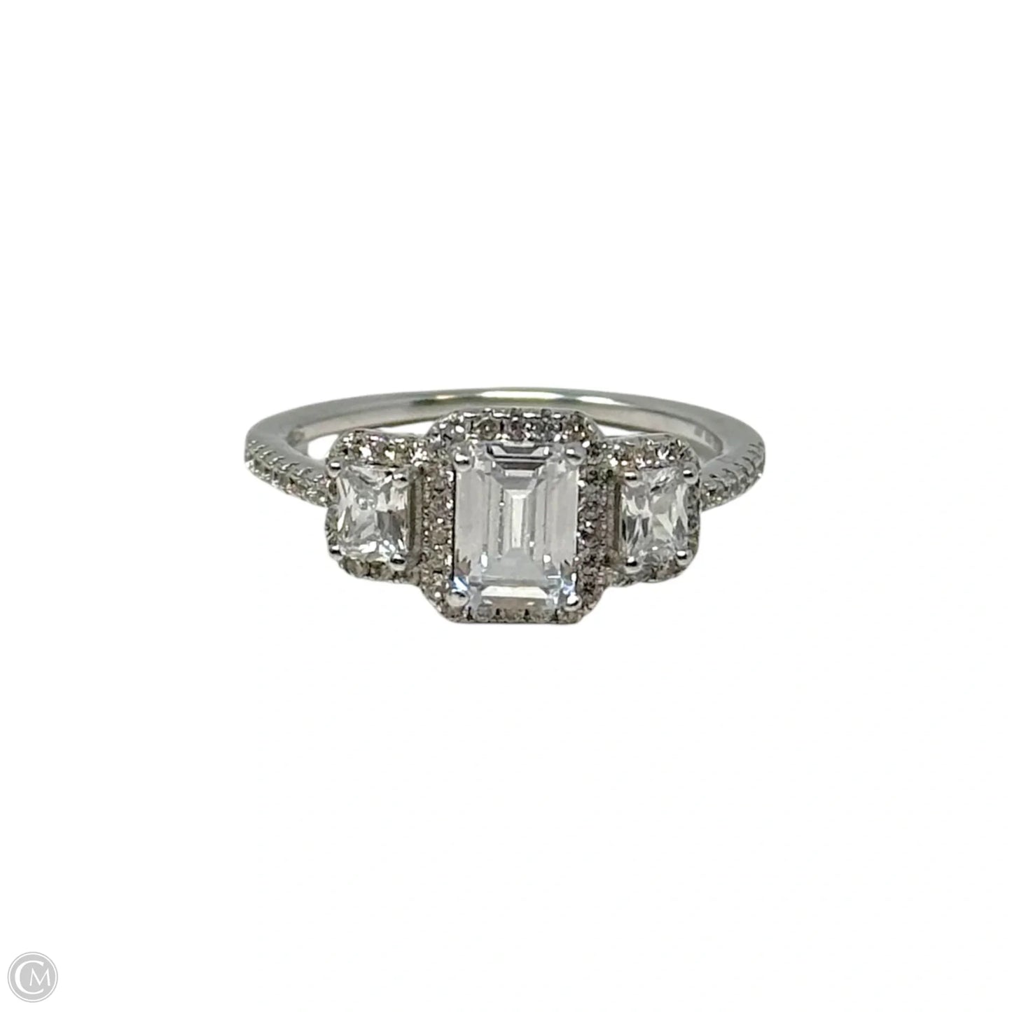 Emerald Cut Halo Ring Sterling Silver, Size: 9