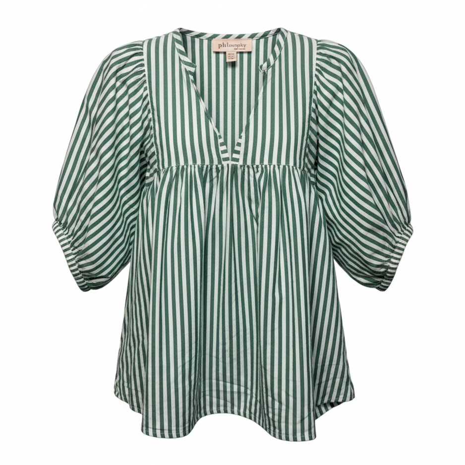 Puff Sleeve Top By Philosophy In Green & White Striped Pattern, Size: XS