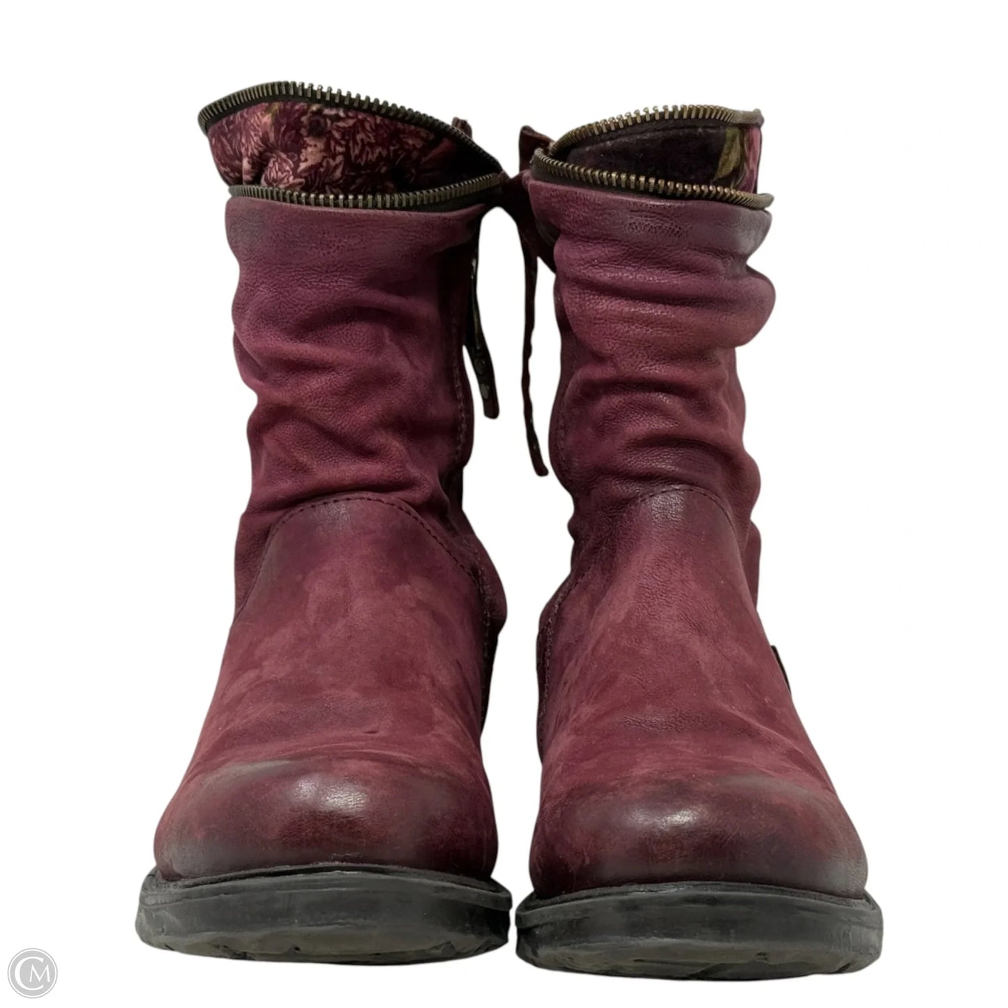 Handcrafted Leather & Velvet Trim Biker Boots By A.S. 98 In Maroon, Size: 8.5