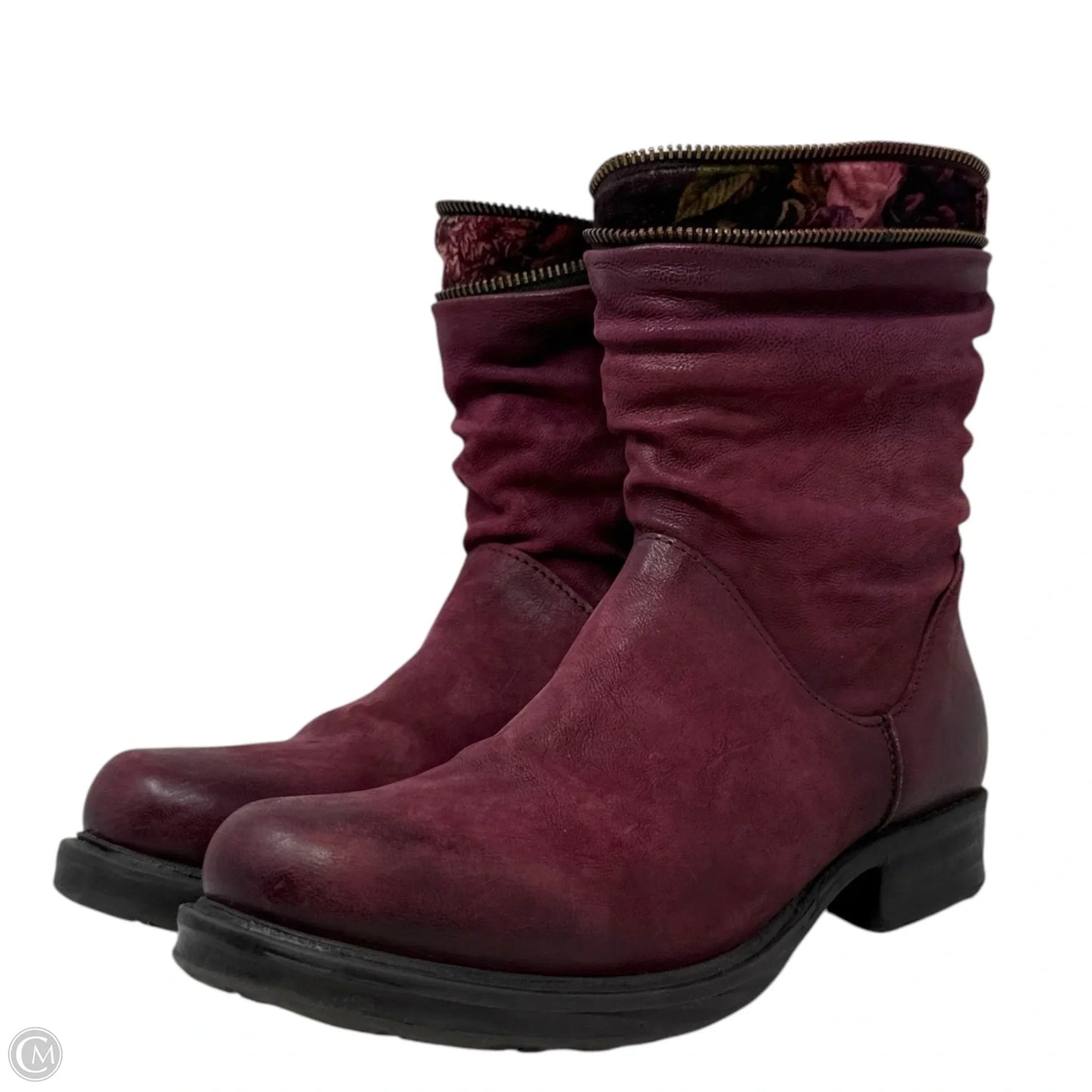 Handcrafted Leather & Velvet Trim Biker Boots By A.S. 98 In Maroon, Size: 8.5