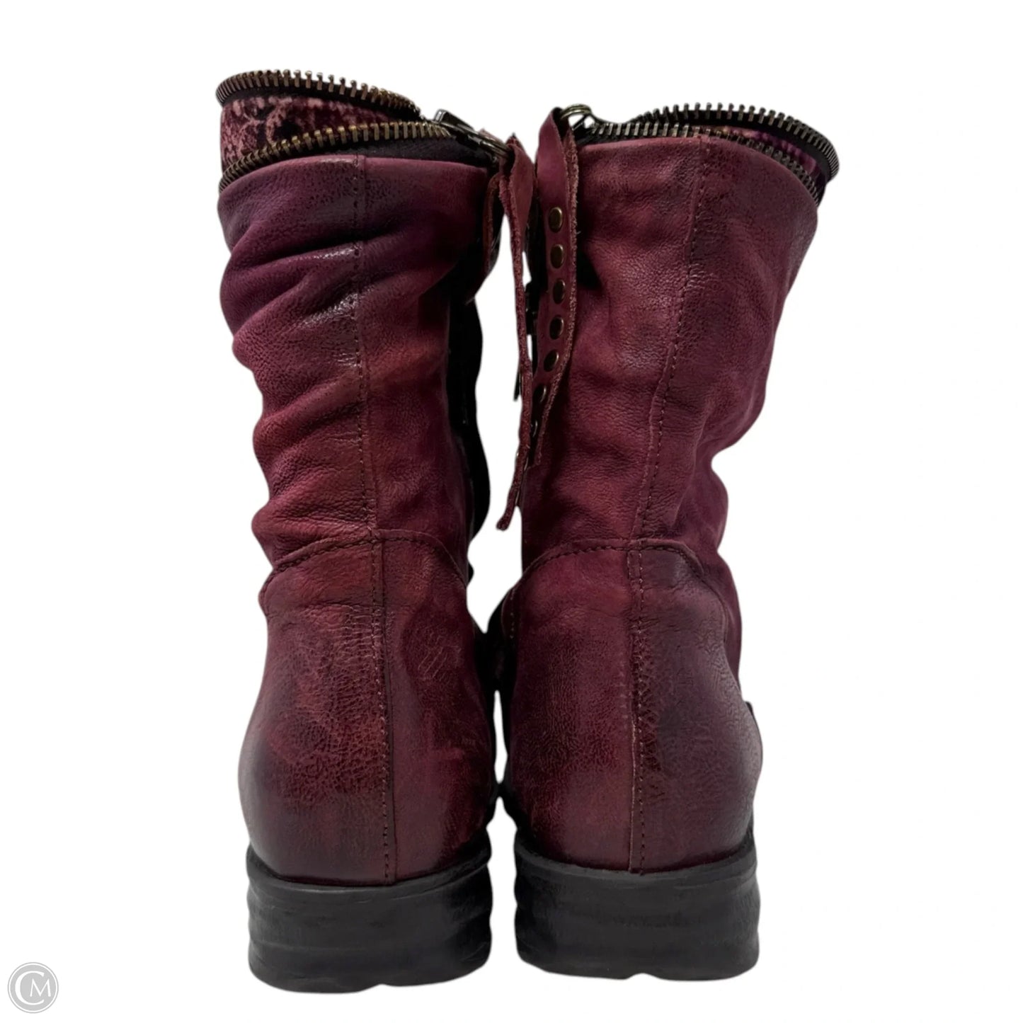 Handcrafted Leather & Velvet Trim Biker Boots By A.S. 98 In Maroon, Size: 8.5