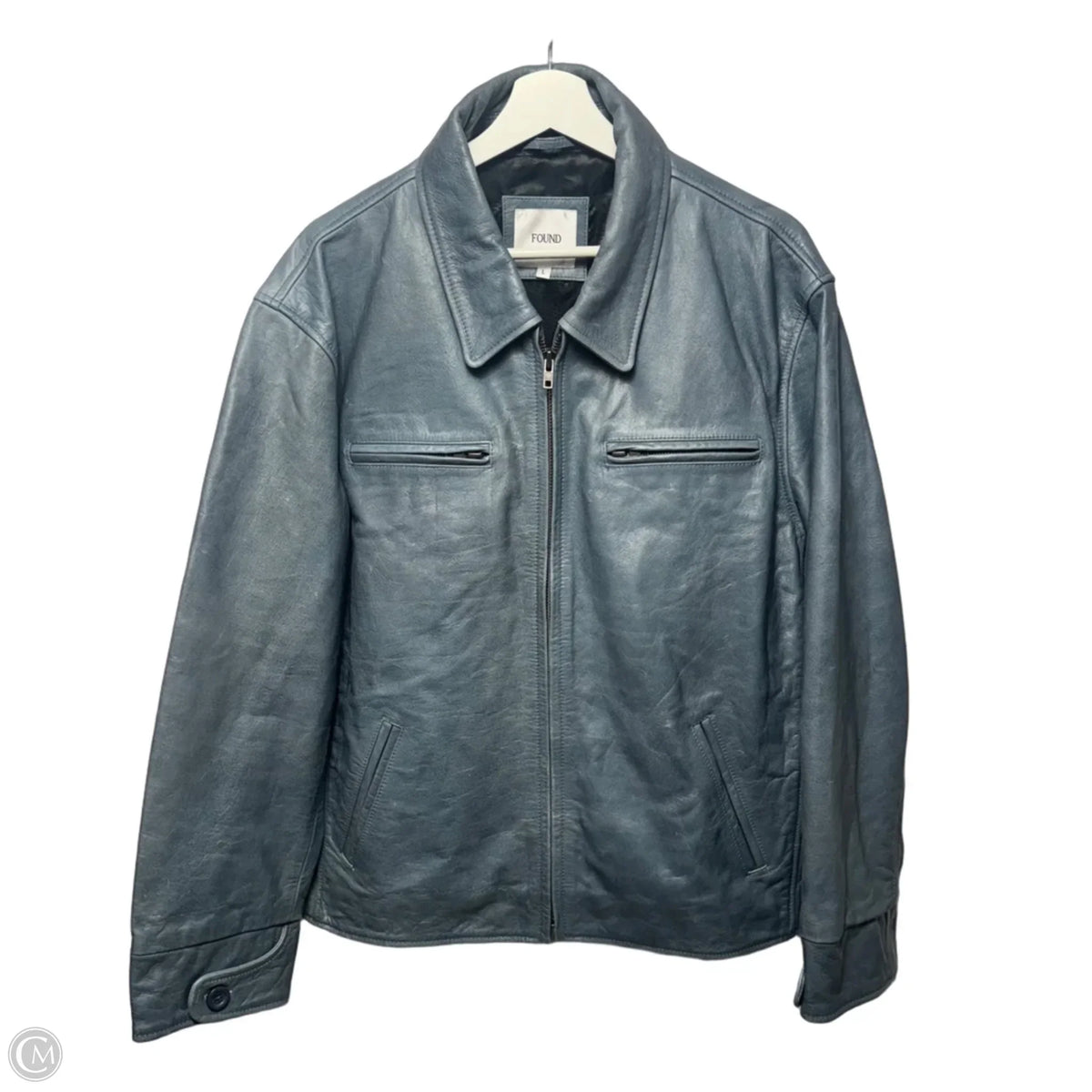 Unisex Marlboro Sun Faded Leather Racer Jacket By Found In Dust Blue, Size: L