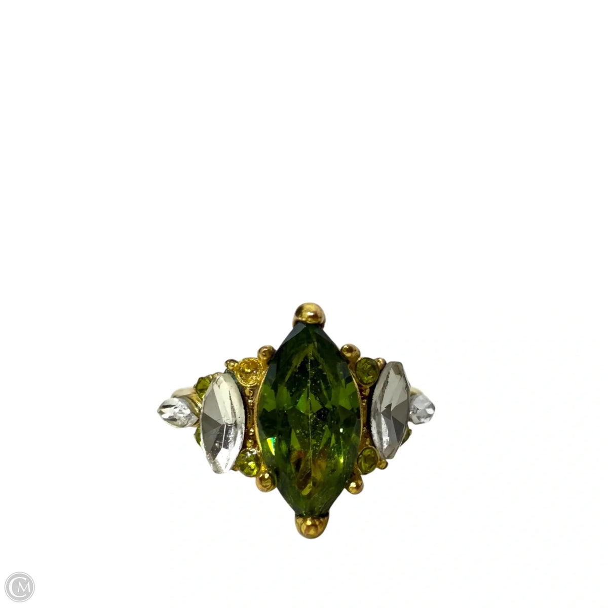 Gold Tone & Marquise Cut Green & Clear Stone Statement Ring, Size: 5.5