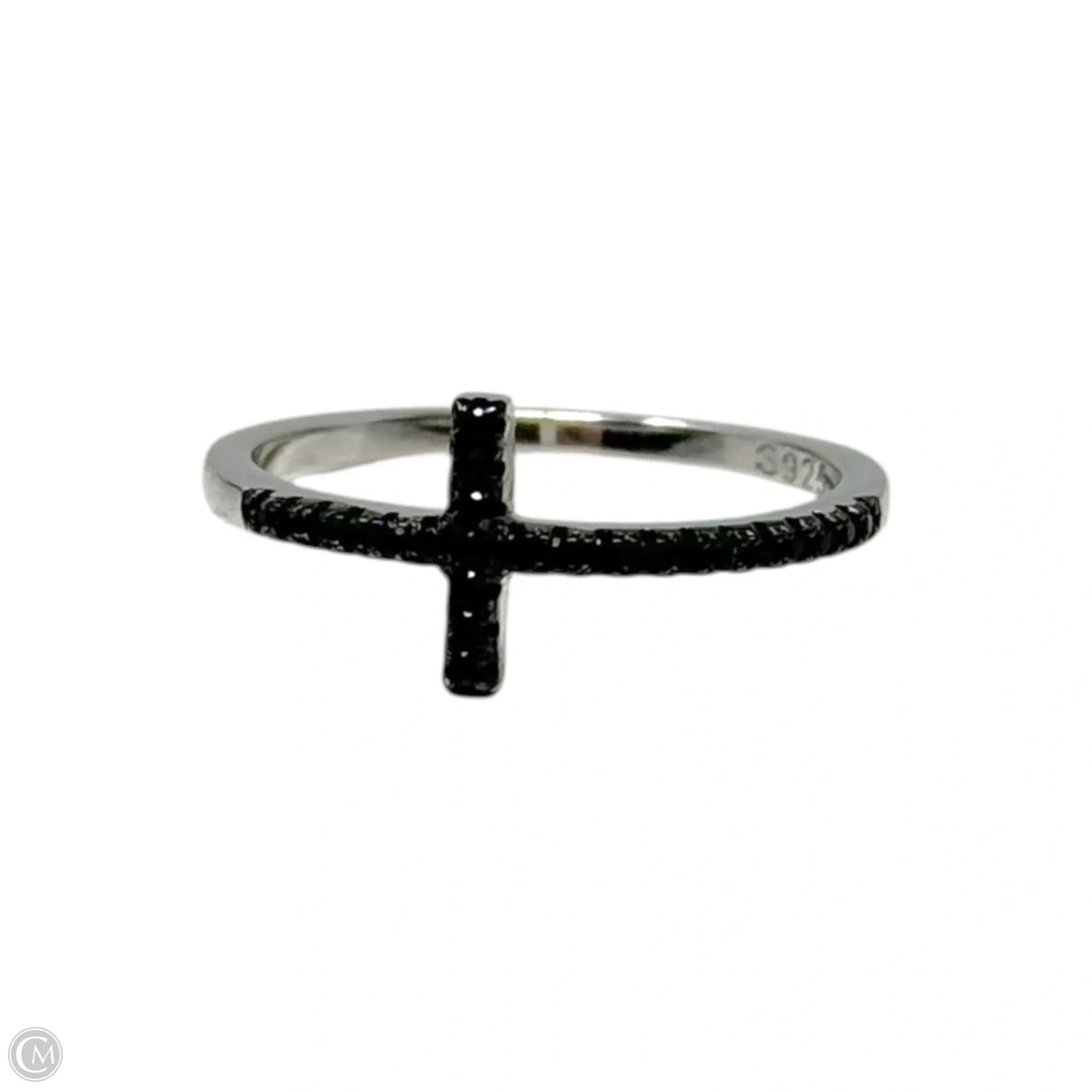 Black Pavé Stone Horizontal Cross Sterling Silver Ring, Size: 7