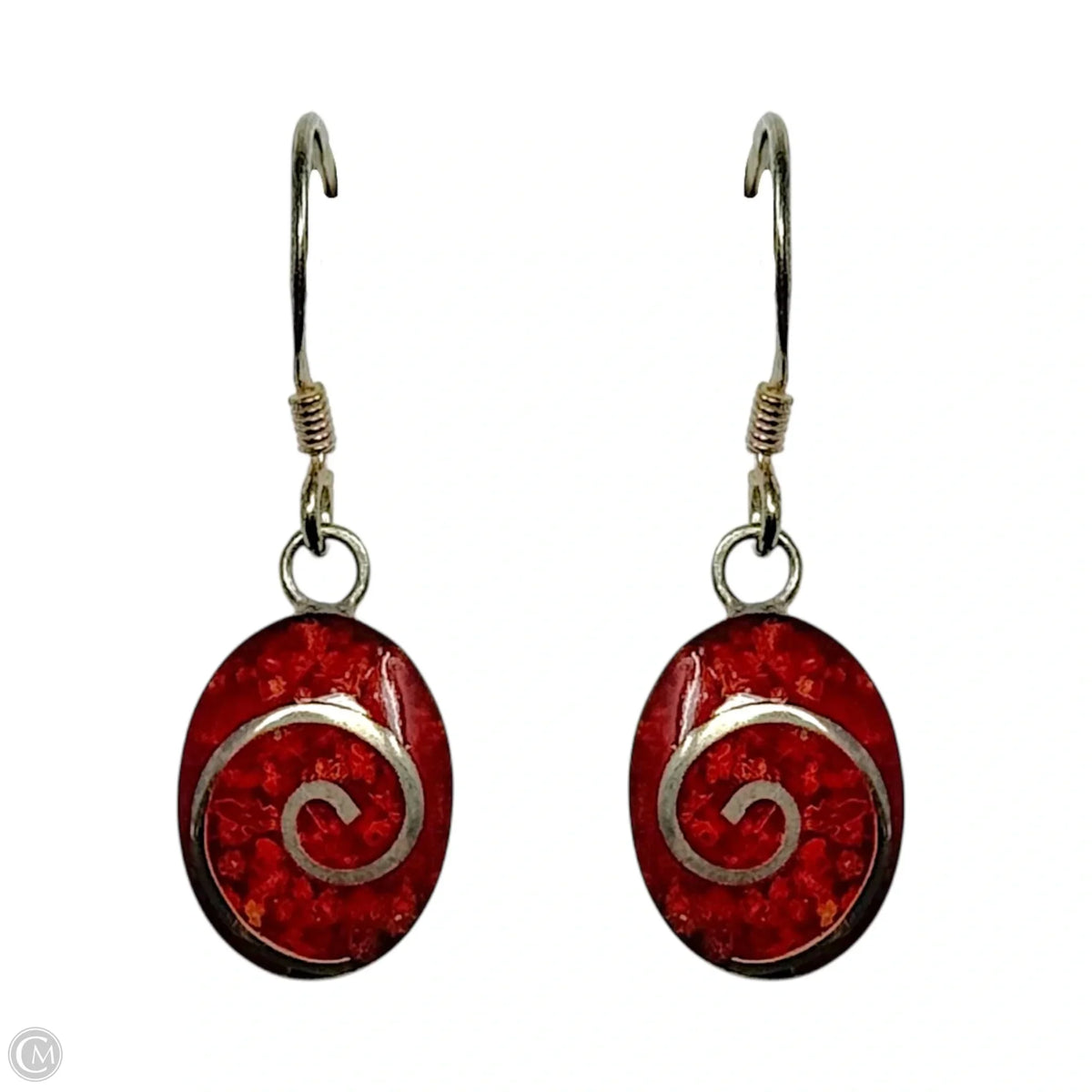 Red Composite Sterling Silver Spiral Dangle Earrings