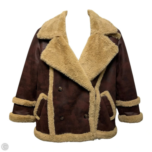 Faux Leather Fur Trim Coat By French Connection In Brown, Size: M