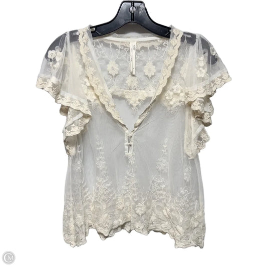 Embroidered Mesh Top Short Sleeve By Anthropologie In Cream, Size: S
