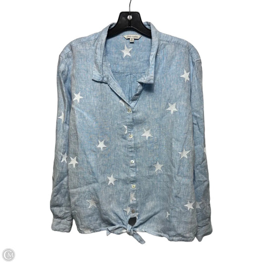 Del Mar linen Top Long Sleeve By John Mark In Blue & White, Size: 1x