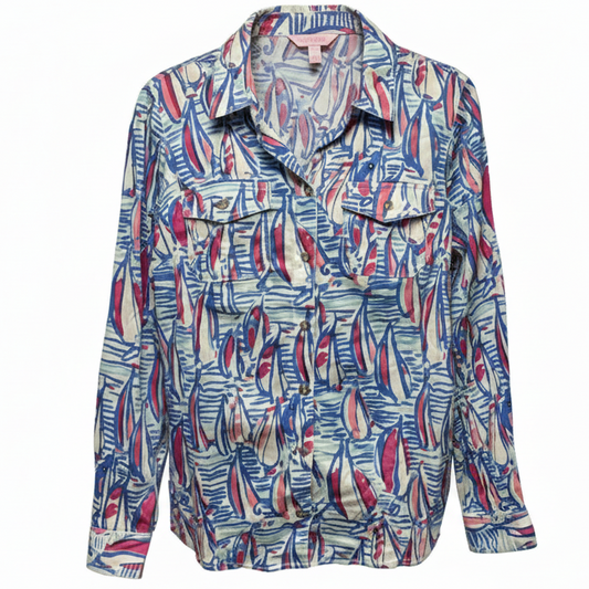 Cruiser Button Down Shirt Designer By Lilly Pulitzer In Resort White Red Right Return Print, Size: 8