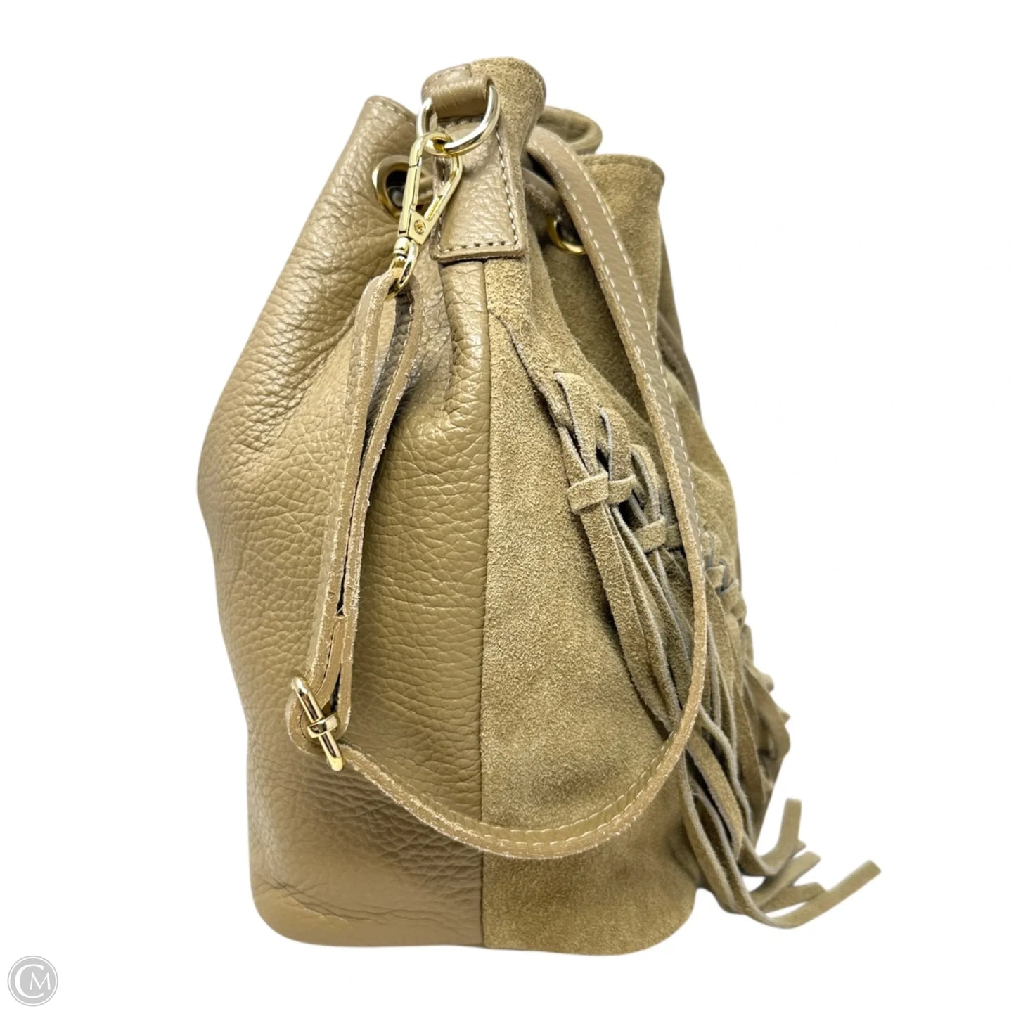 Italian Suede & Leather Fringed Drawstring Bucket Bag TR-251 In Cappuccino By Divas Bag, Size: Small