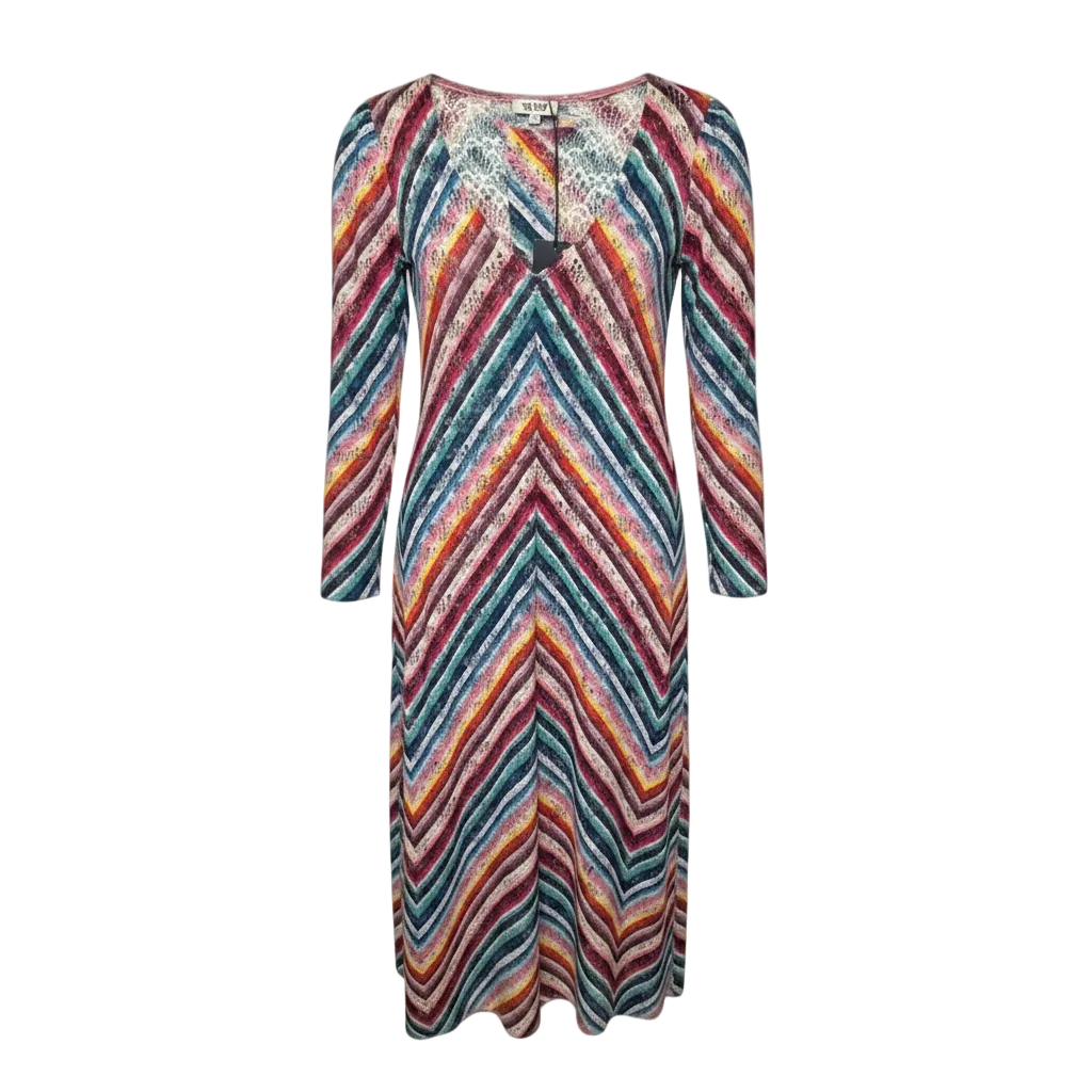 AquaLace Rainbow Chevron Stripe Puff Sleeve Belted Caftan Swim Dress By Stylest In Rainbow Gradient, Size: L