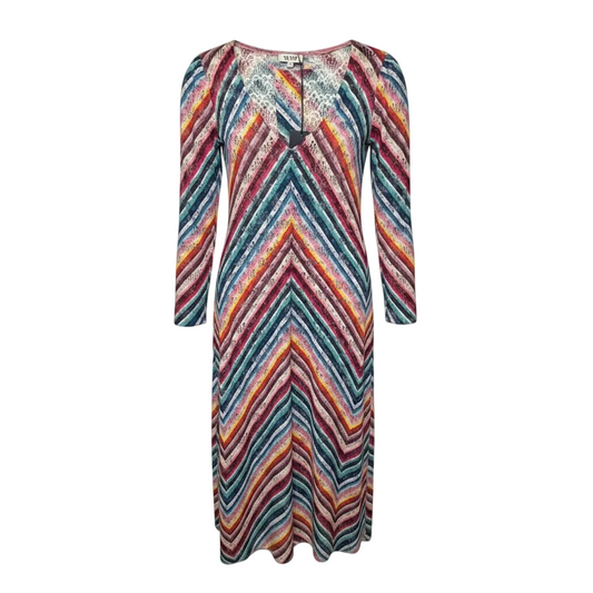 AquaLace Rainbow Chevron Stripe Puff Sleeve Belted Caftan Swim Dress By Stylest In Rainbow Gradient, Size: L