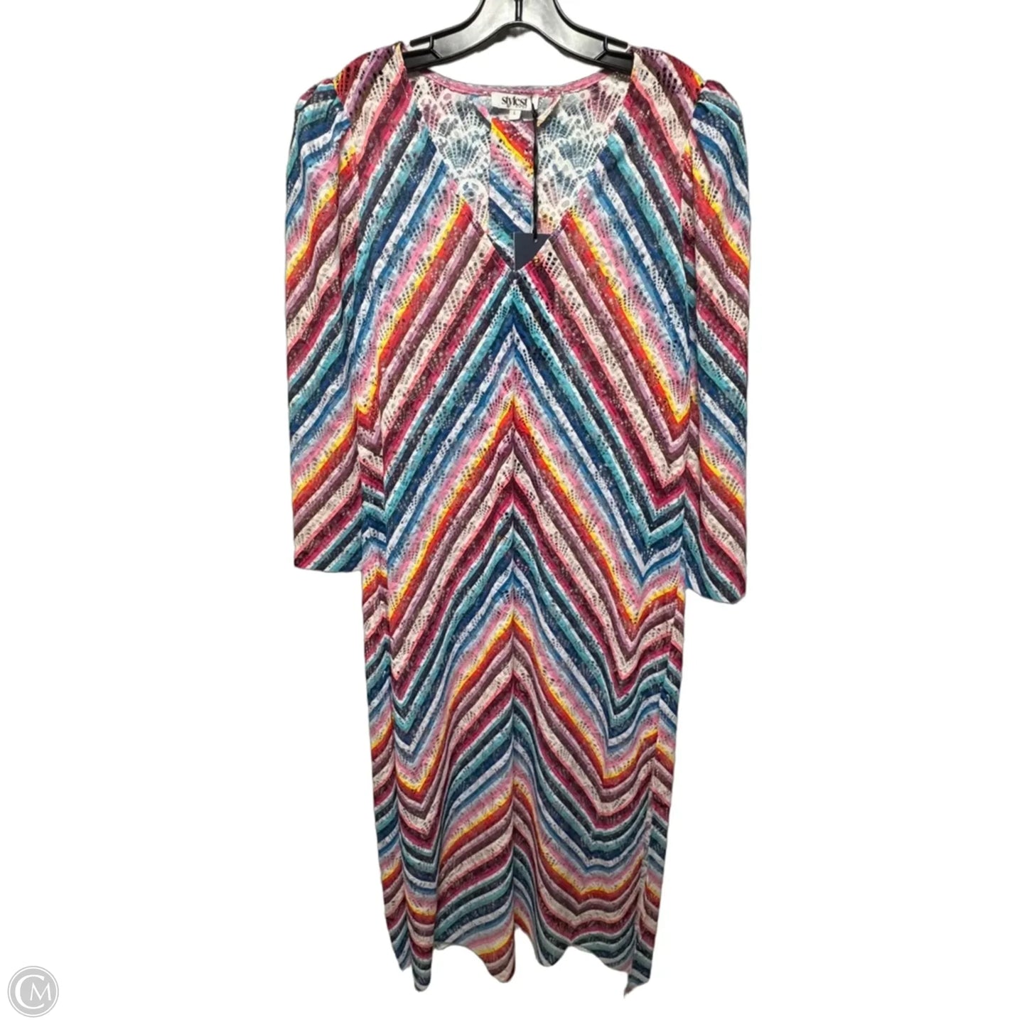 AquaLace Rainbow Chevron Stripe Puff Sleeve Belted Caftan Swim Dress By Stylest In Rainbow Gradient, Size: L