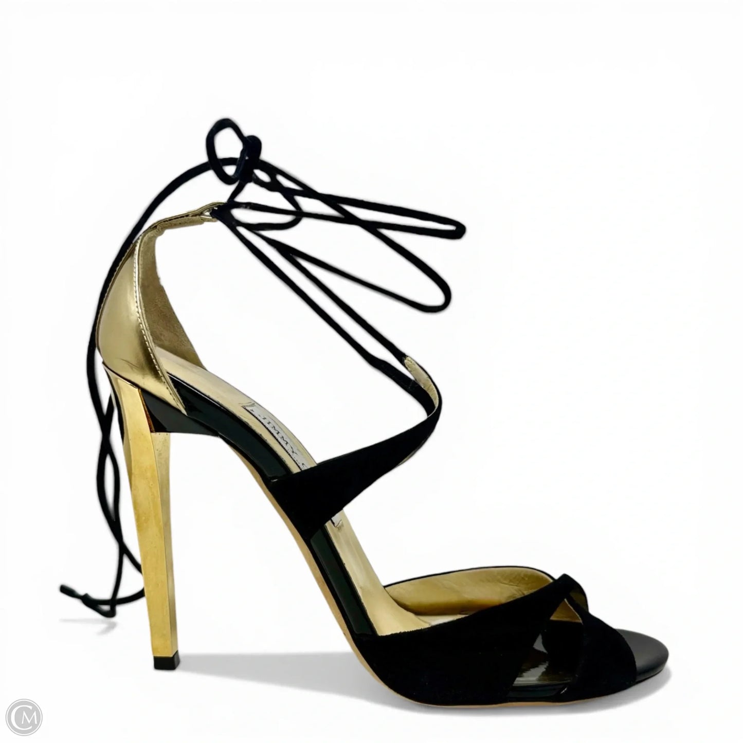 Teira Stiletto Lace Up Sandals Luxury Designer By Jimmy Choo In Black & Gold, Size: 9.5
