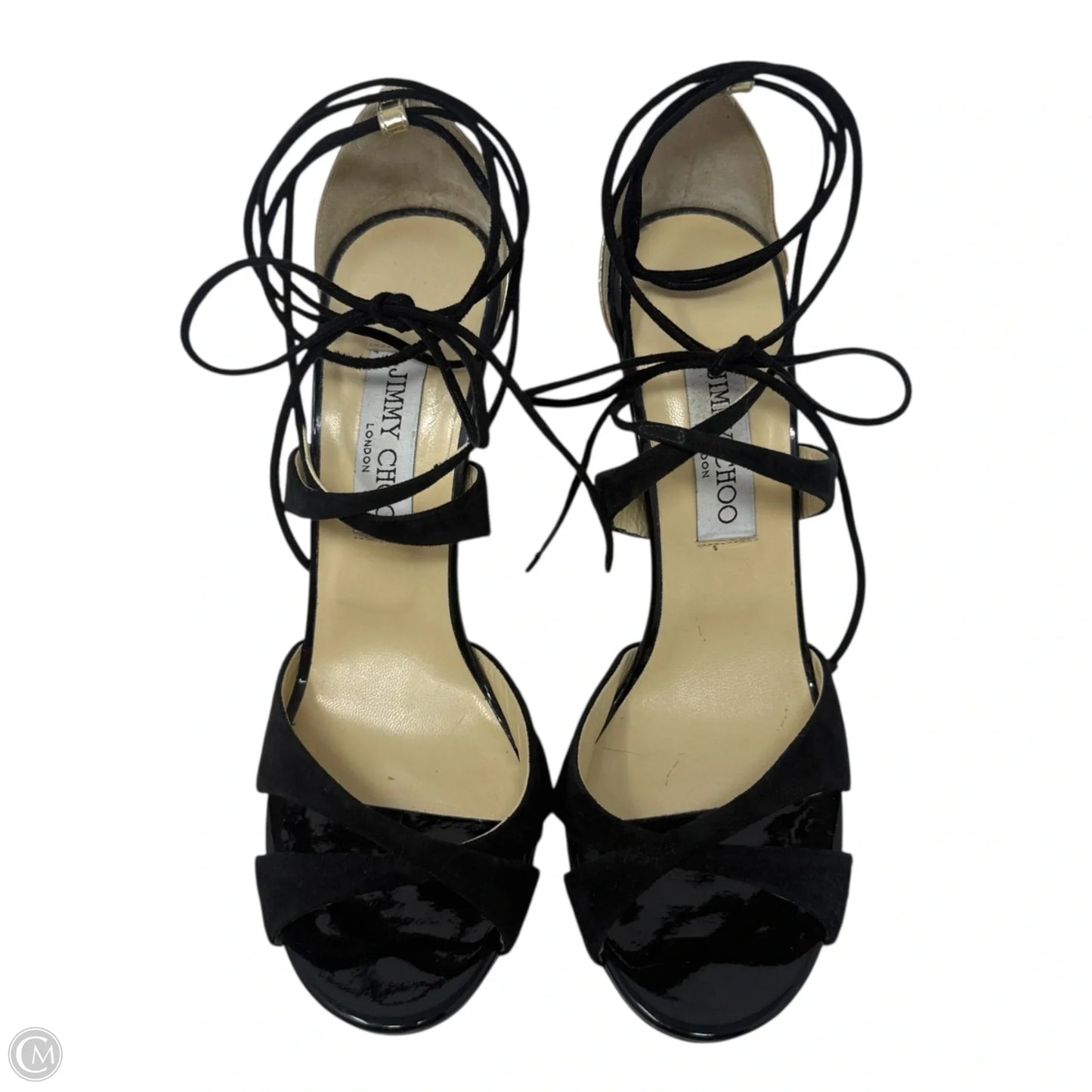 Teira Stiletto Lace Up Sandals Luxury Designer By Jimmy Choo In Black & Gold, Size: 9.5