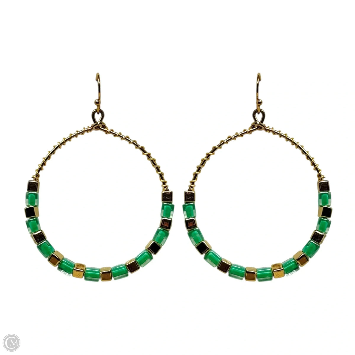 Gold & Green Bead Wrapped Dangle Earrings