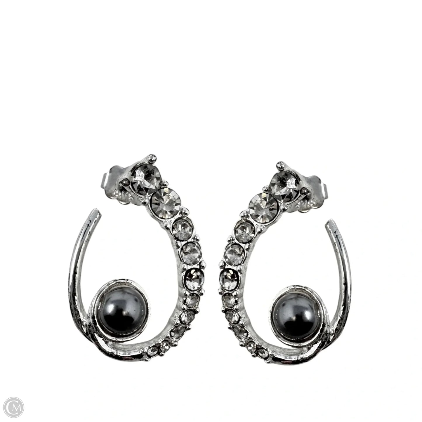Silver Tone Rhinestone & Faux Pearl Swirl Earrings