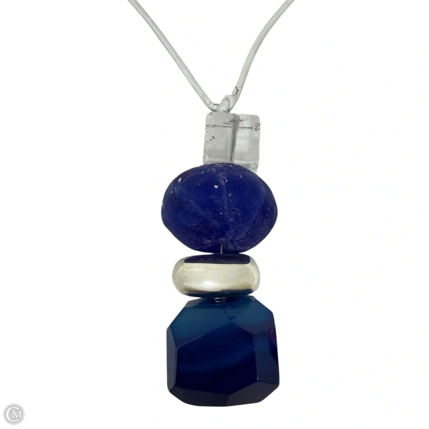 Sterling Silver, Stacked Blue Semi Precious Stone On Leather Cord Pendant Necklace By Simon Sebbag