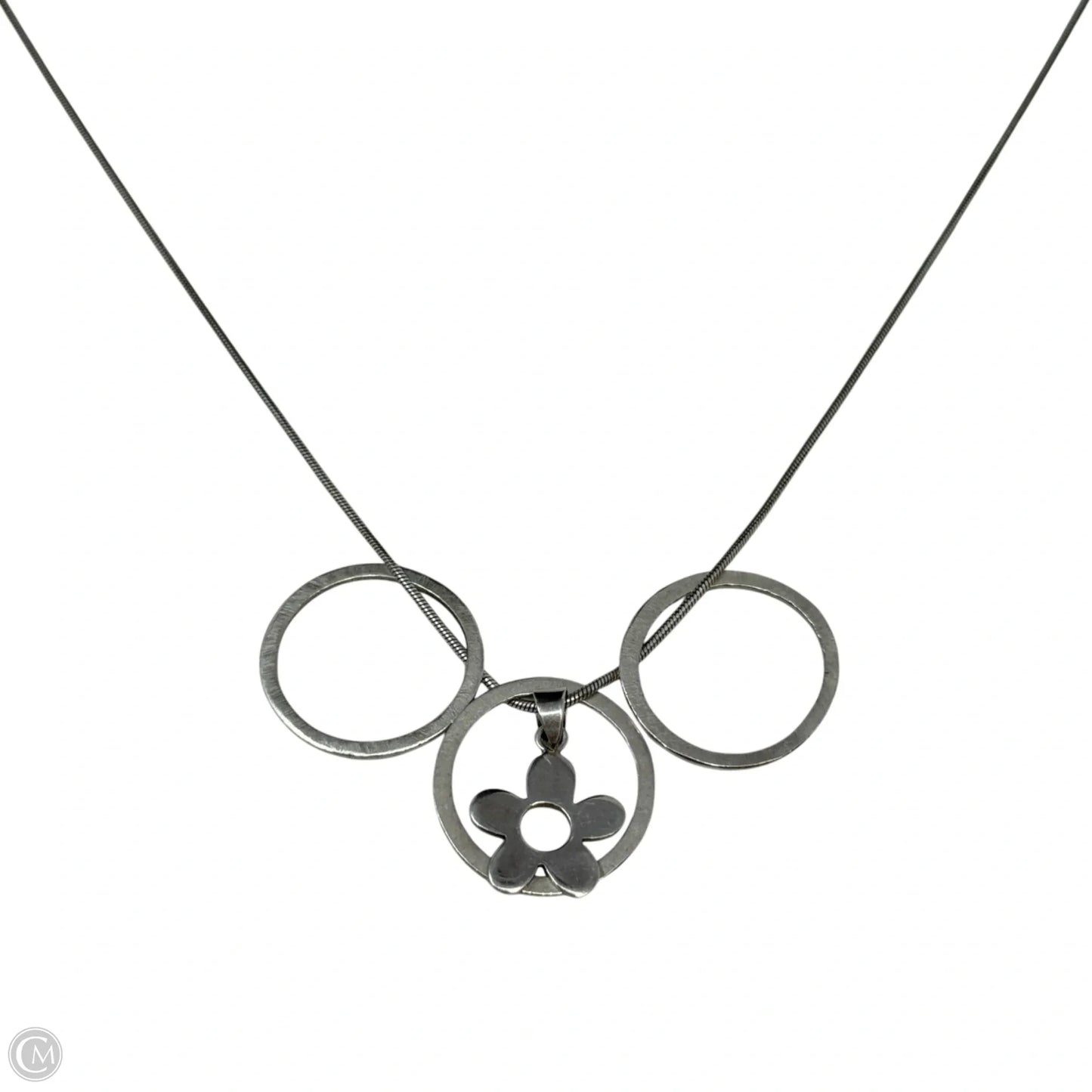Sterling Silver Snake Chain & Triple intertwined Circle With Flower Pendant Necklace
