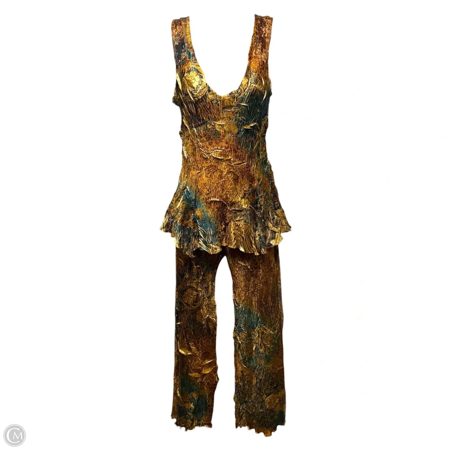 Crinkle Evening Tank & Trouser Set 2pc By Komarov In Gold & Green, Size: S