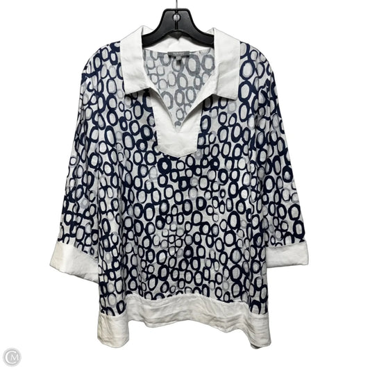 Linen Blend Tunic 3/4 Sleeve By Habitat In Blue & White, Size: Xl