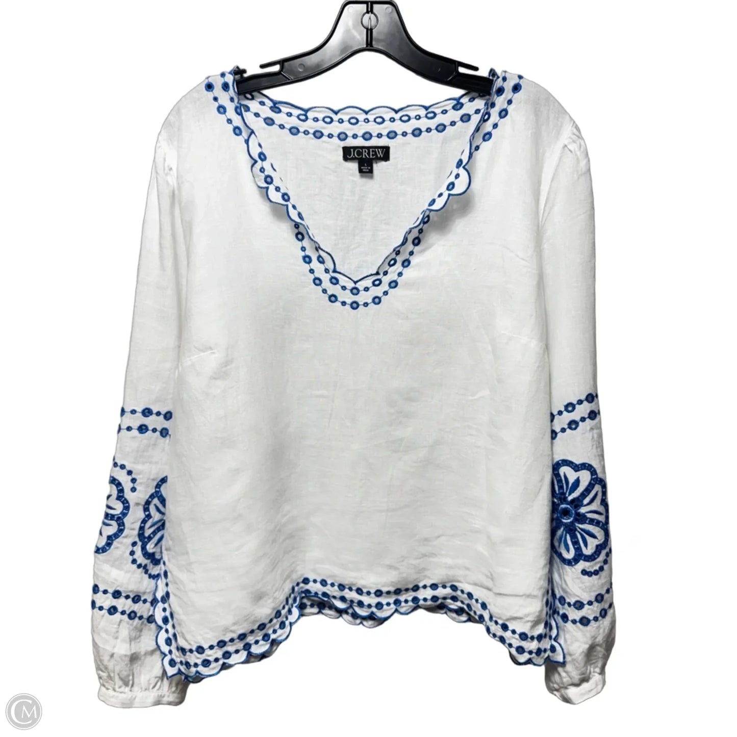 Eyelet Top Long Sleeve By J. Crew In Blue & White, Size: L