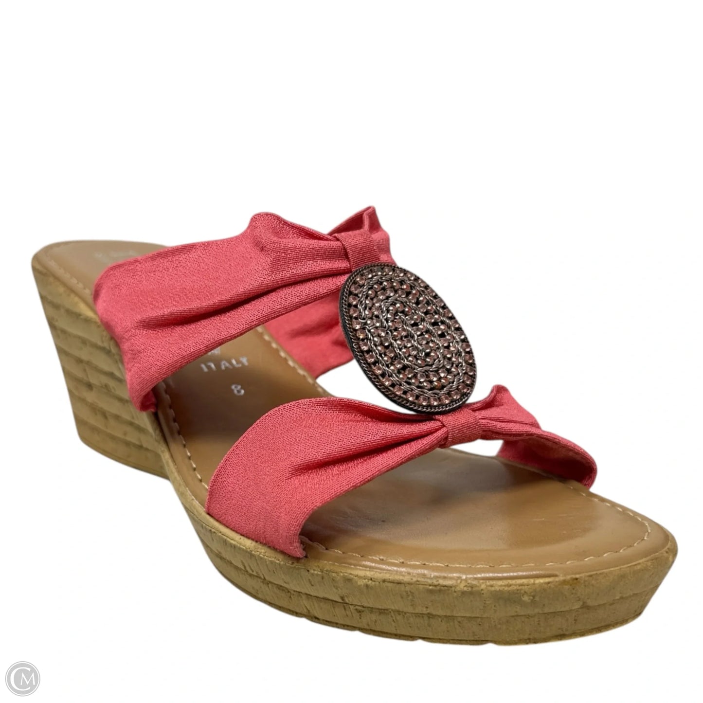 Embellished Medallion Wedge Sandals By Italian Shoemakers In Coral, Size: 8