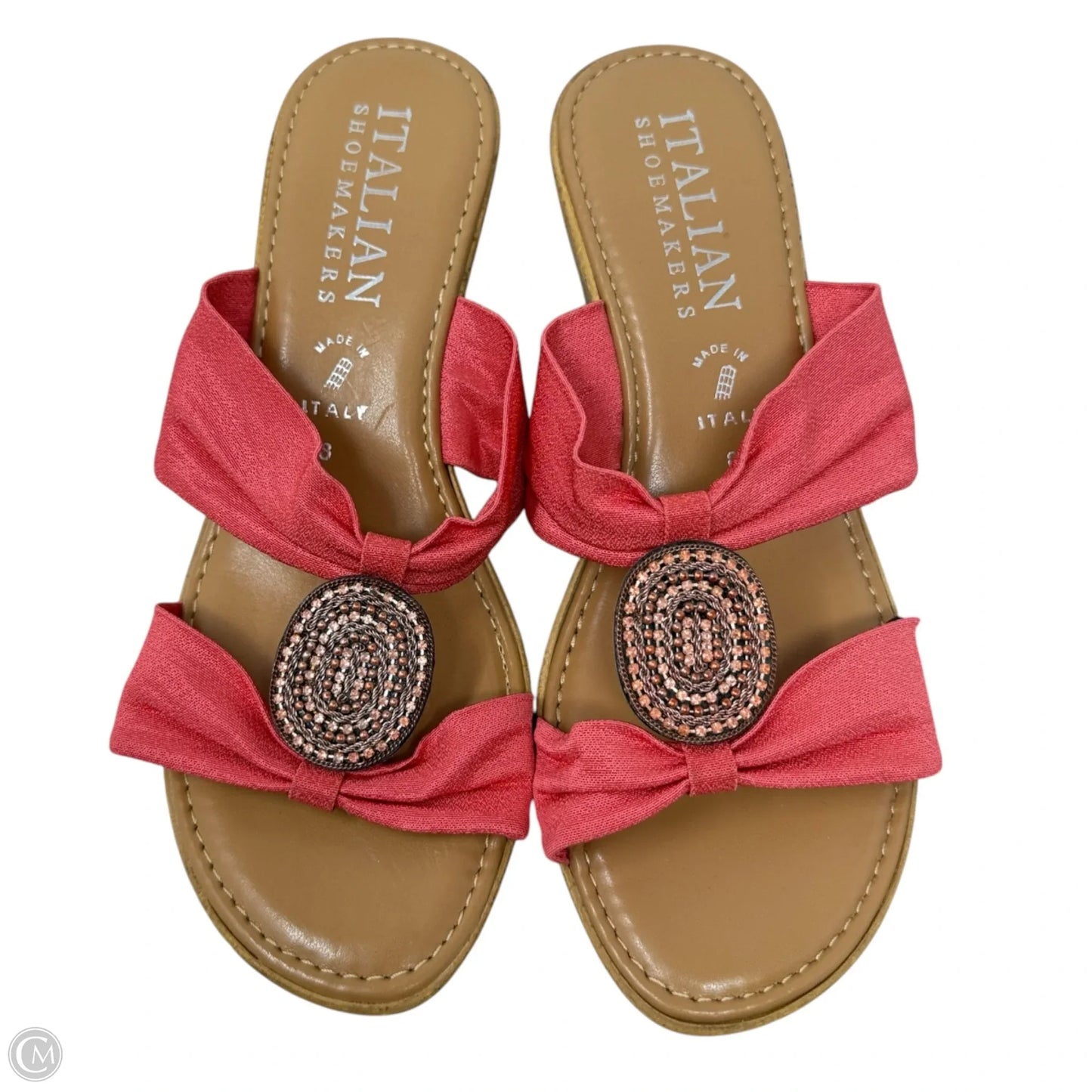 Embellished Medallion Wedge Sandals By Italian Shoemakers In Coral, Size: 8