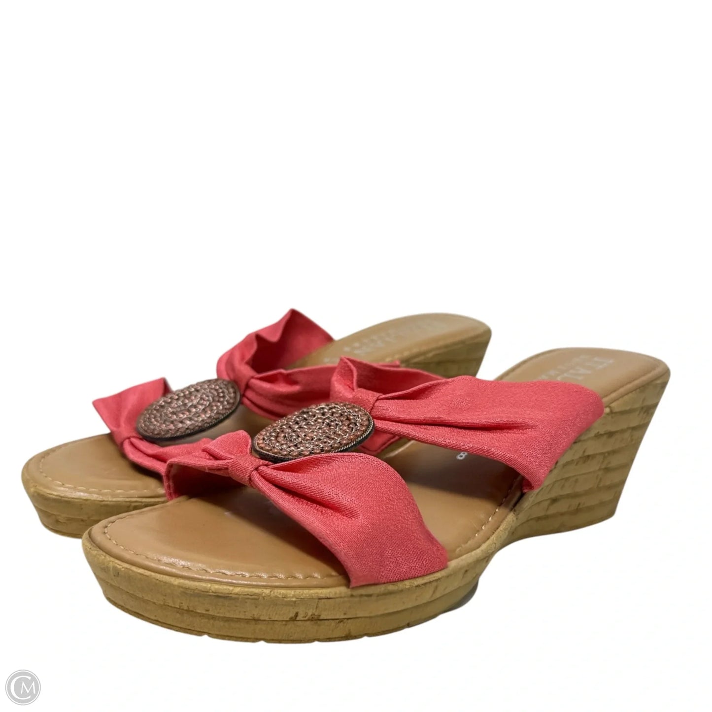 Embellished Medallion Wedge Sandals By Italian Shoemakers In Coral, Size: 8