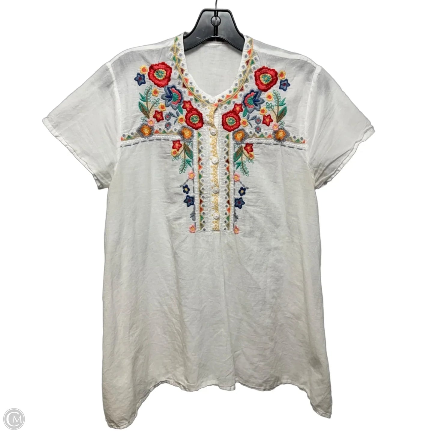 Embroidered Cotton Tunic Short Sleeve By Johnny Was In Floral Print, Size: S