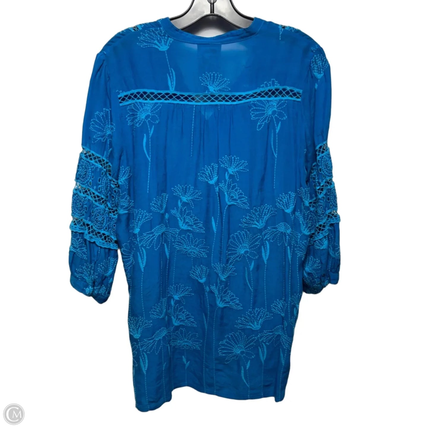 Embroidered Tunic 3/4 Sleeve By Johnny Was In Blue, Size: S