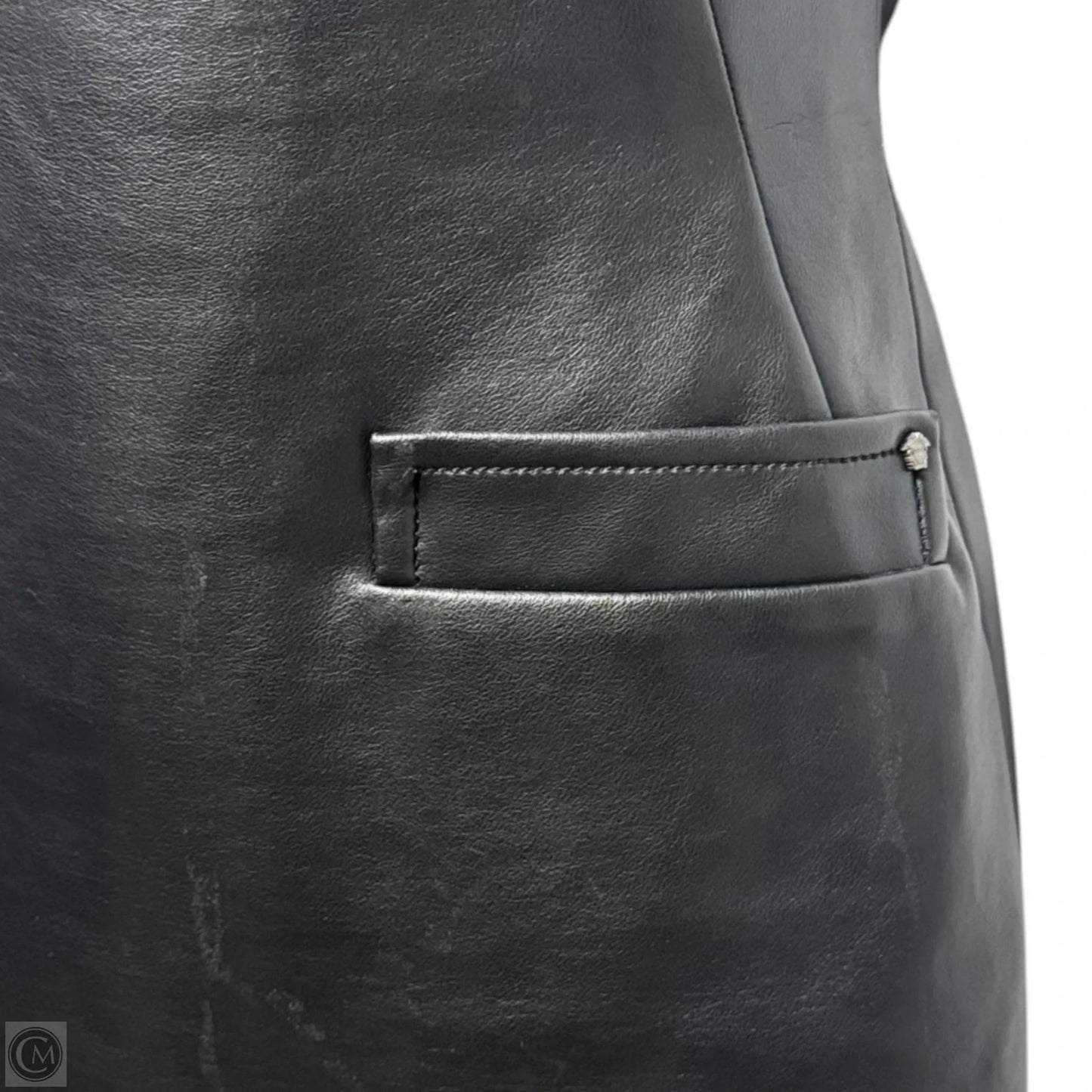 AS IS Faux Leather Sheath Dress Luxury Designer By Versace In Black, Size: 2 (38)