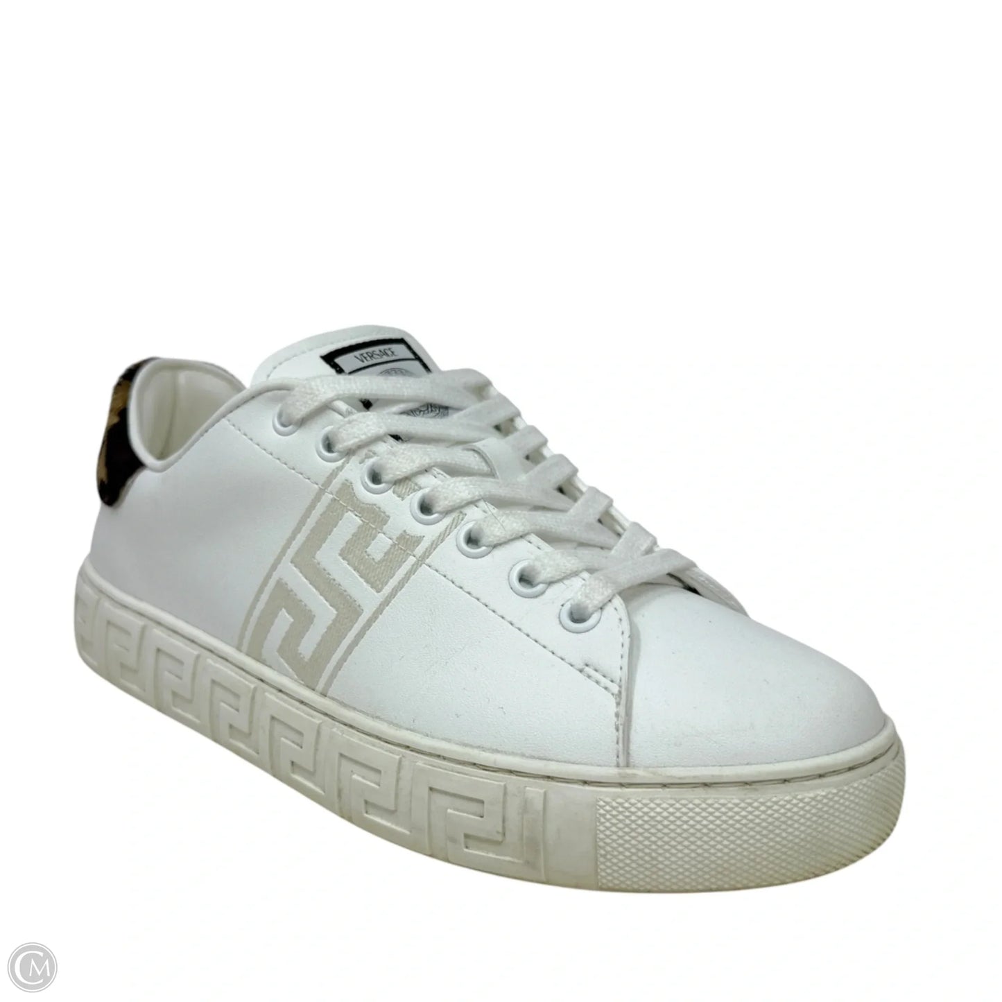 Greca Leopard Embroidered Sneakers Luxury Designer By Versace In White, Size: 7.5