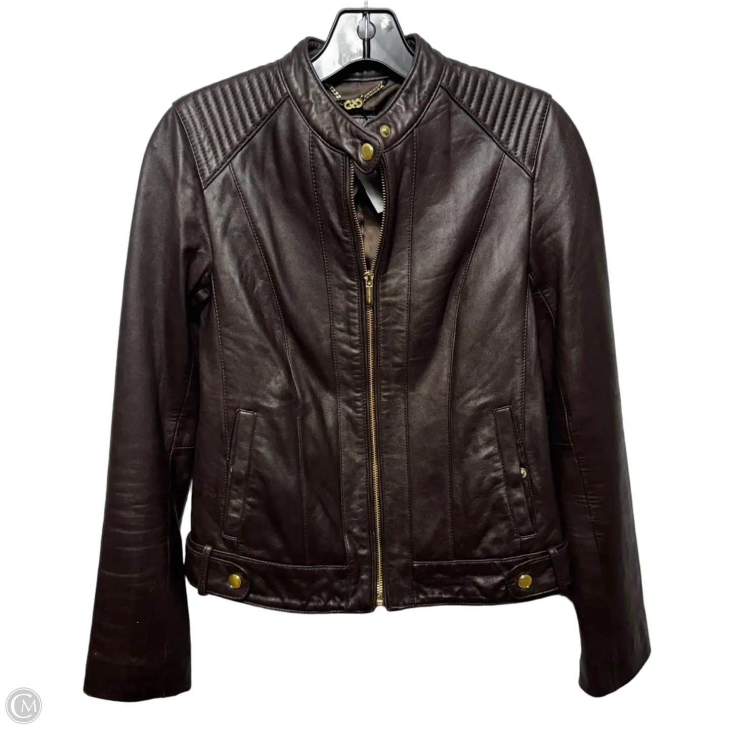 Jacket Moto Leather By Cole-haan In Brown, Size: Xs