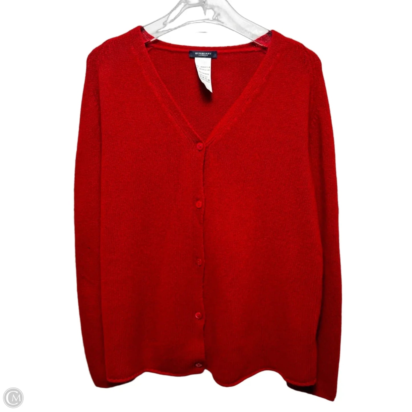 Vintage 100% Cashmere Sweater Cardigan Luxury Designer By Burberry In Red, Size: 14 (46)