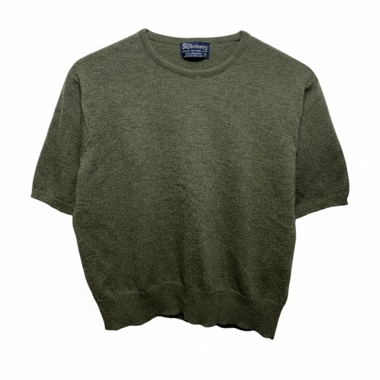 Vintage 100% Cashmere Short Sleeve Sweater Luxury Designer By Burberry In Green, Size: M
