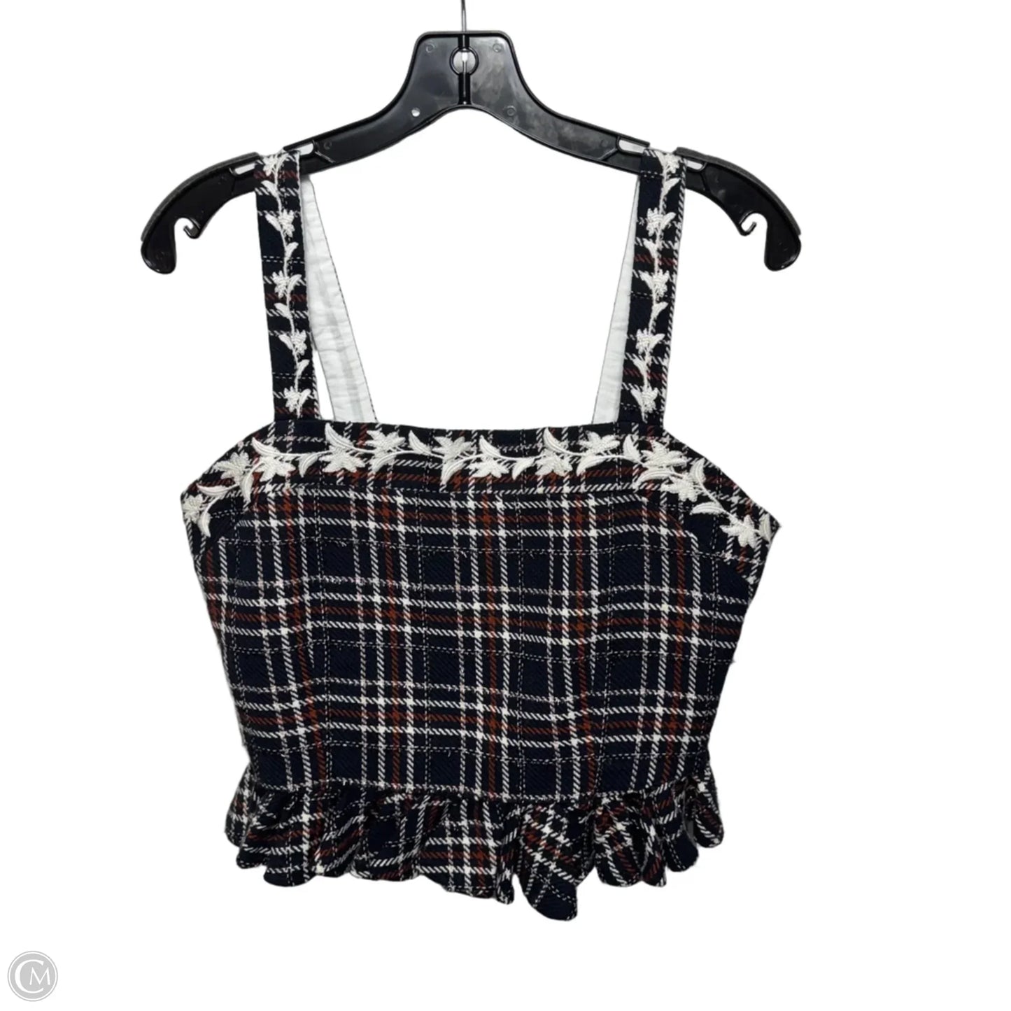 Woven Tweed Peplum Top Sleeveless By Fanm Mon In Navy Plaid Pattern, Size: Xl