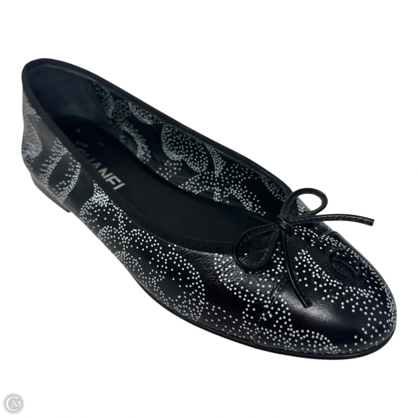 Camellia Printed Leather Cap Toe Ballerina Flats Shoes Luxury Designer By Chanel In Black & White, Size: 39.5