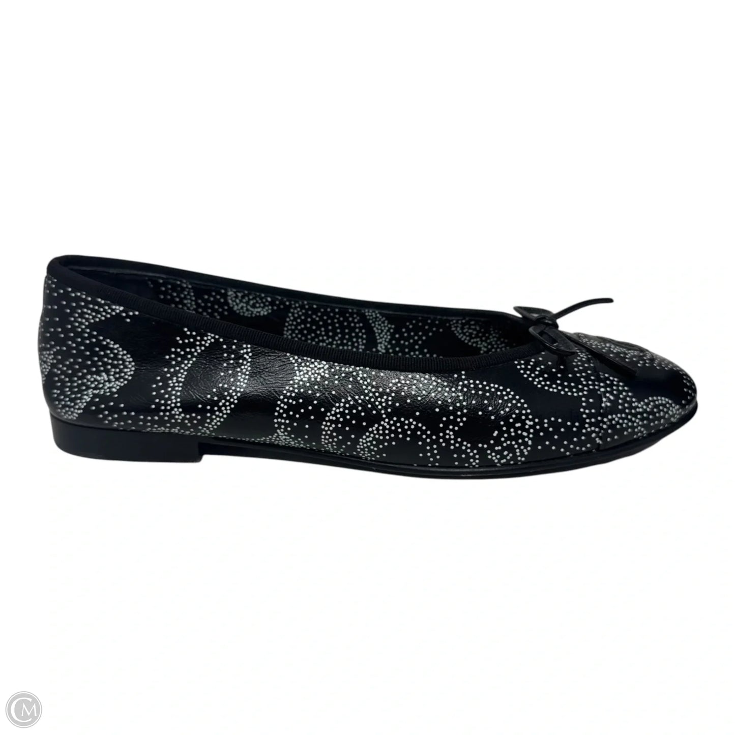 Camellia Printed Leather Cap Toe Ballerina Flats Shoes Luxury Designer By Chanel In Black & White, Size: 39.5