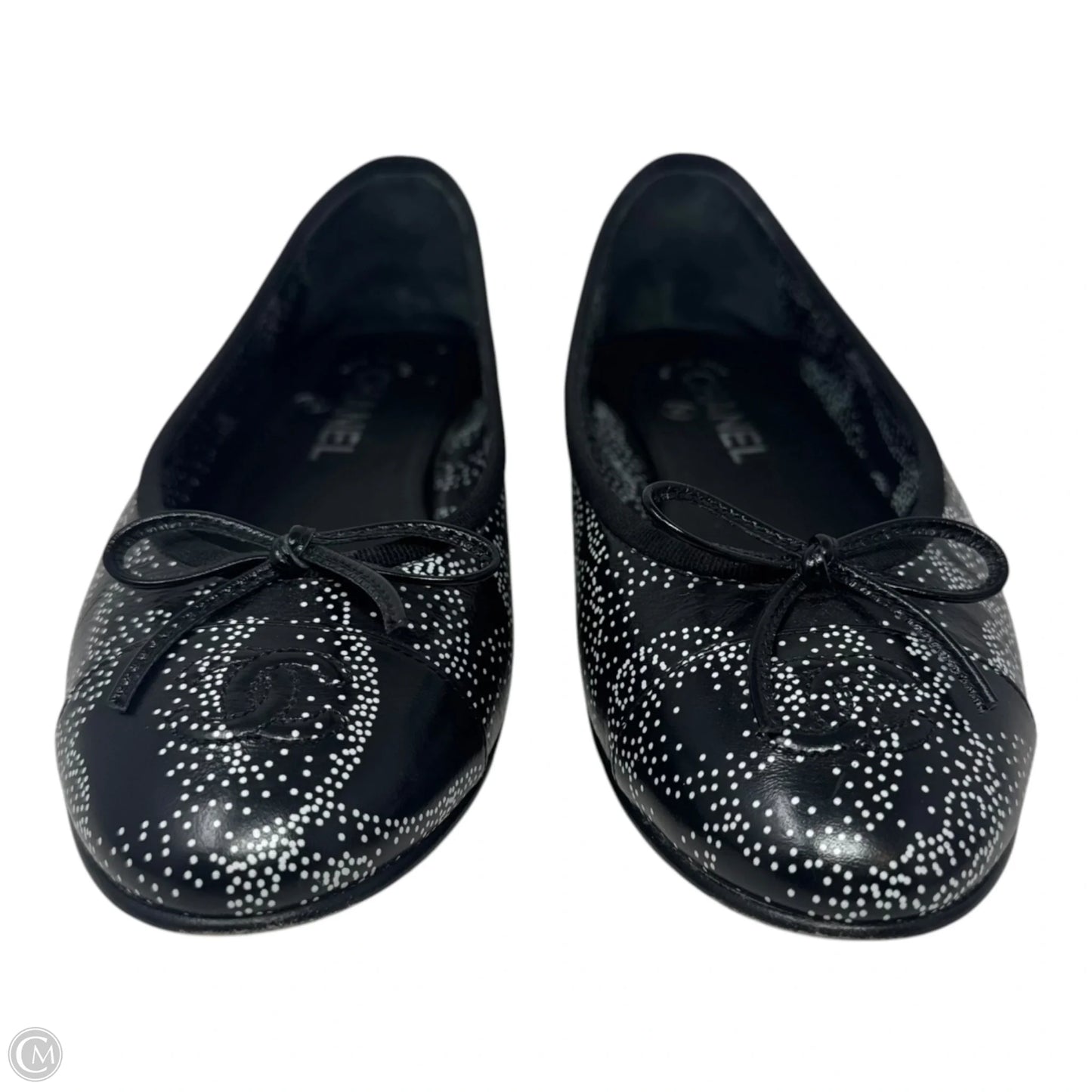 Camellia Printed Leather Cap Toe Ballerina Flats Shoes Luxury Designer By Chanel In Black & White, Size: 39.5