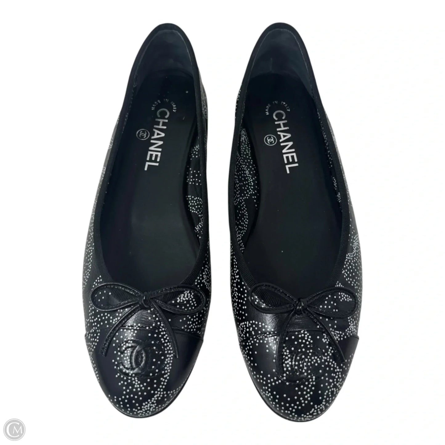 Camellia Printed Leather Cap Toe Ballerina Flats Shoes Luxury Designer By Chanel In Black & White, Size: 39.5