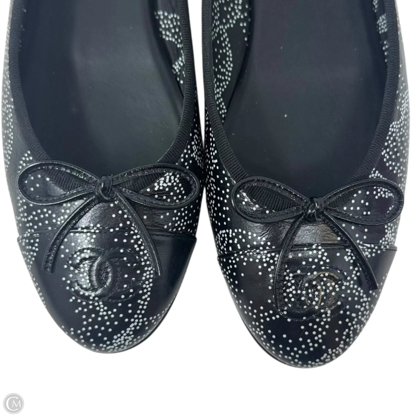 Camellia Printed Leather Cap Toe Ballerina Flats Shoes Luxury Designer By Chanel In Black & White, Size: 39.5