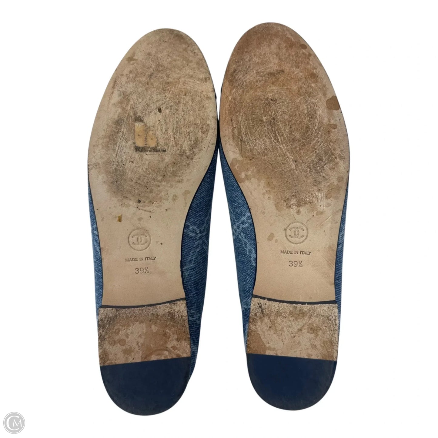 Printed Denim Cap Toe Ballerina Flats Shoes Luxury Designer By Chanel In Blue Denim, Size: 39.5
