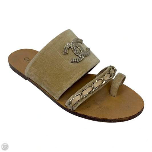 Interlocking CC Logo Velvet Chain Slide Sandals Luxury Designer By Chanel In Tan, Size: 10 (40C)