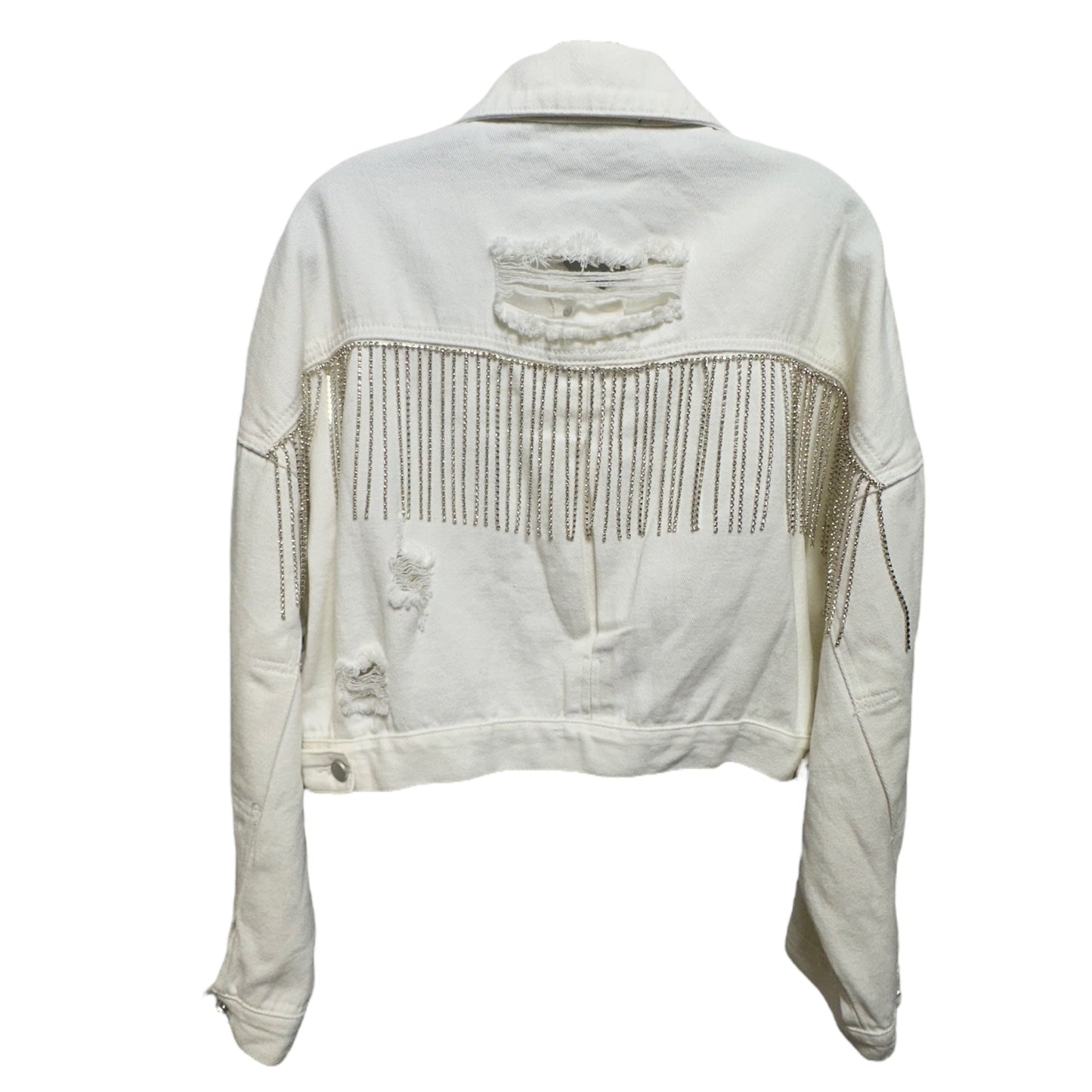 Rhinestone Fringe Denim Jacket By Blue B In Cream, Size: M